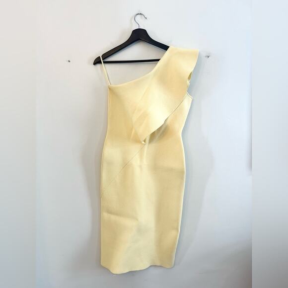 Scanlan Theodore crepe knit ruffle dress one shoulder lemon yellow spring summer - Picture 4 of 12